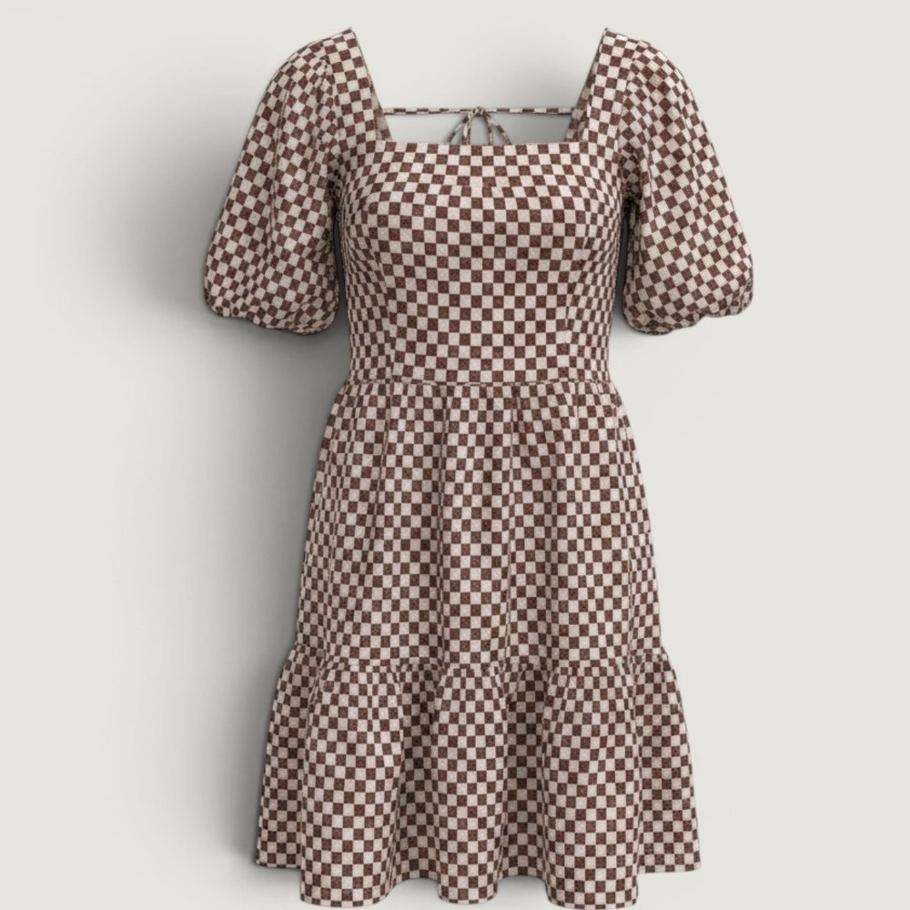 Abercrombie Checkered Brown White Tiered Mini Dress Puff Sleeve Square Neck S
